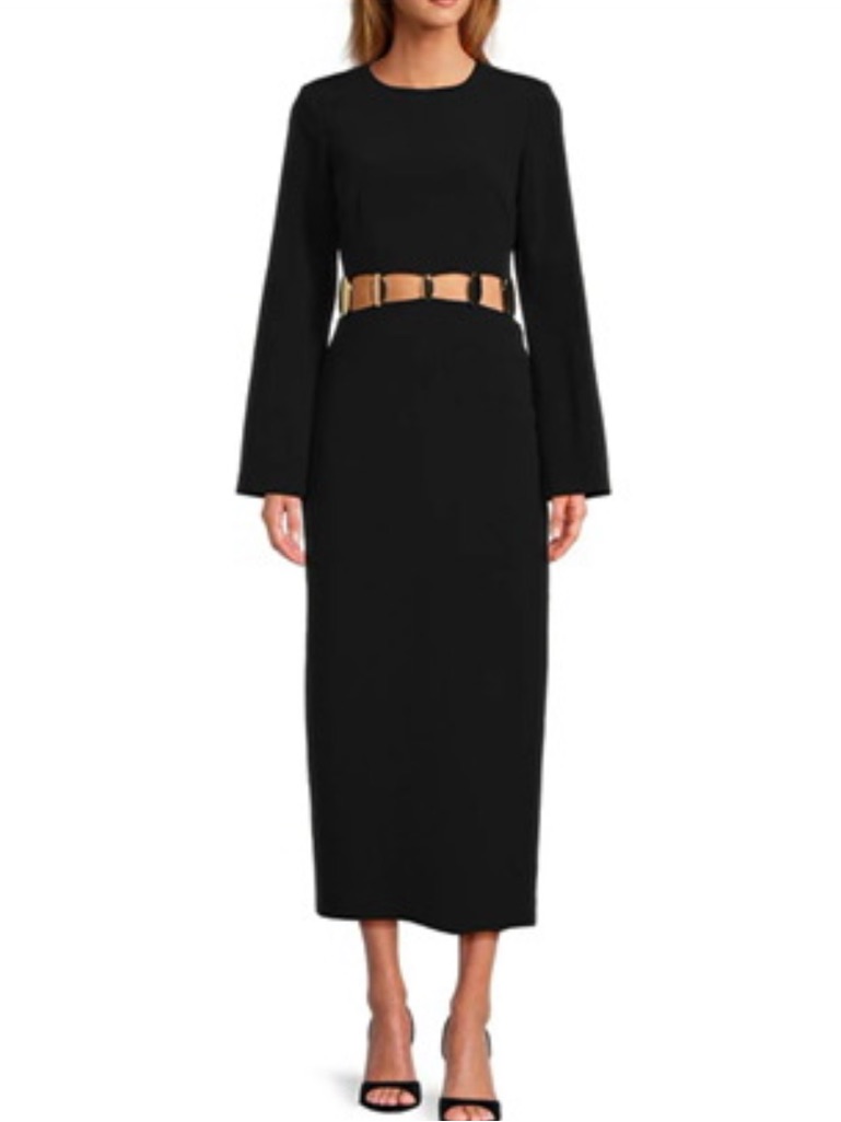Antonio Melani Black Long-Sleeve Midi Dress With Gold Belt Detail